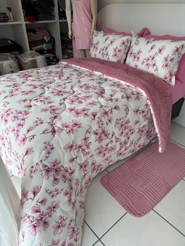 Coberdrom Malha Flor Rosa 100% Algodão – Plush canelado